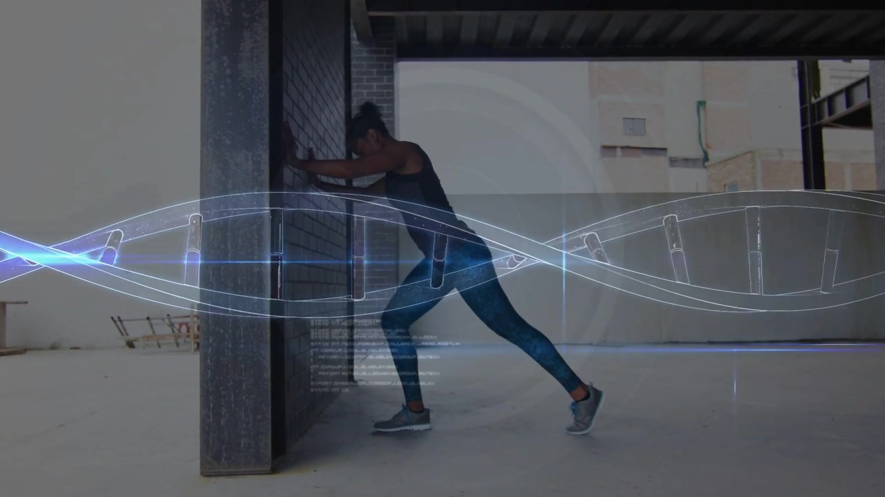 Athlete doing deepening lunges by column, movement driving UI bars and DNA helix growing for health