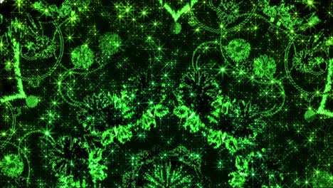 background with green floral ornaments. dynamic abstract background with twinkling particles and stars.