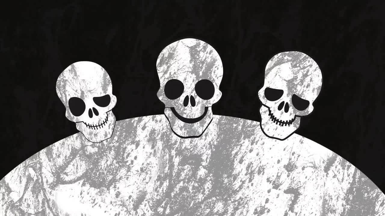 검은색 배경에 복사 공간이 있는 회색 배너 위에 세 개의 두개골 아이콘의 디지털 애니메이션