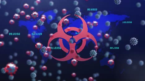 Animation-of-biohazard-symbol,-virus-cells-an-numbers-over-world-map-on-blue-background