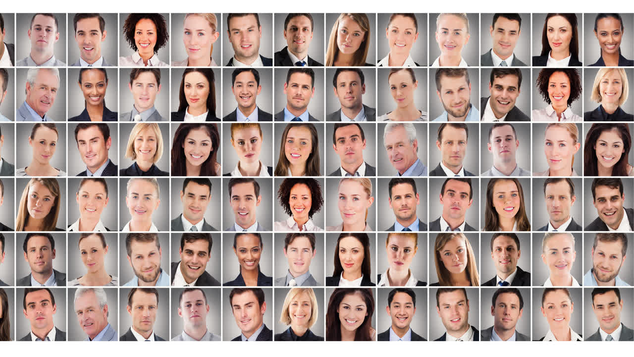 색 배경에서 움직이는 다양한 사람들의 여러 사진의 애니메이션