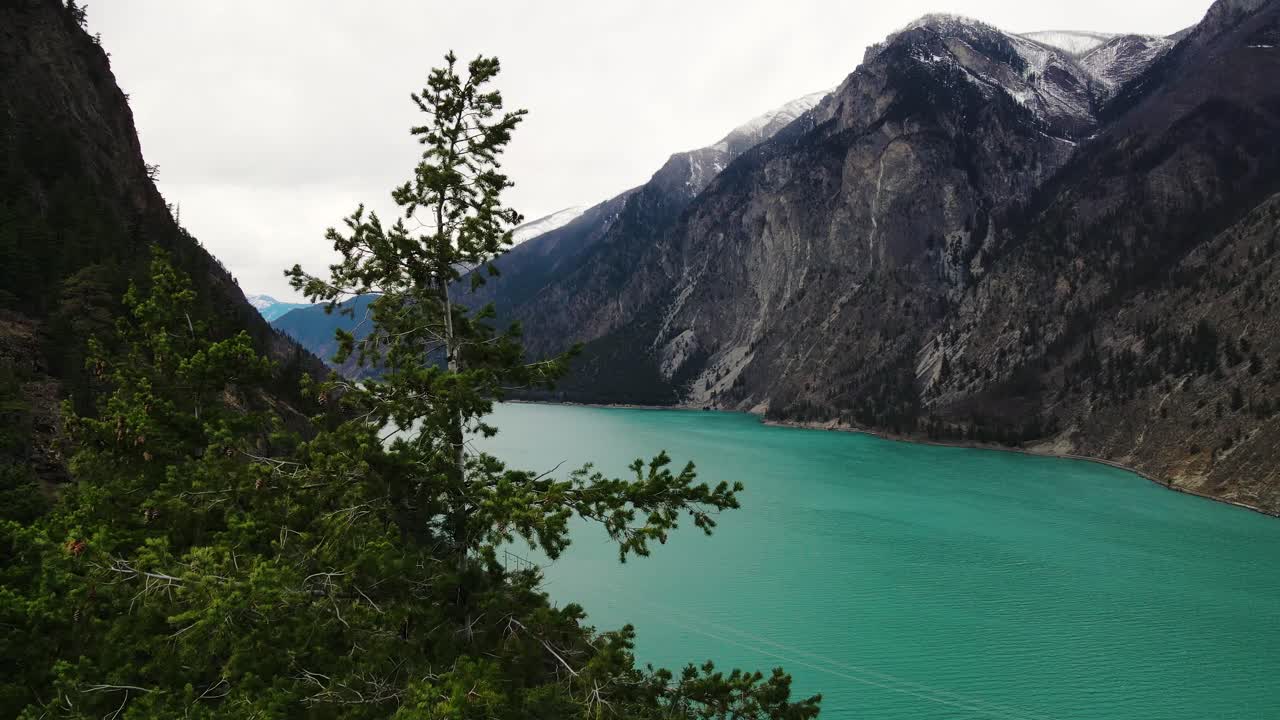 toma aérea volando a través de los árboles en el lago seton cerca de lillooet en columbia británica, canadá