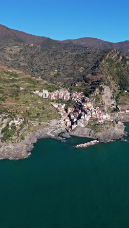 coastal aerial view of manarola village with colorful buildings and blue ocean