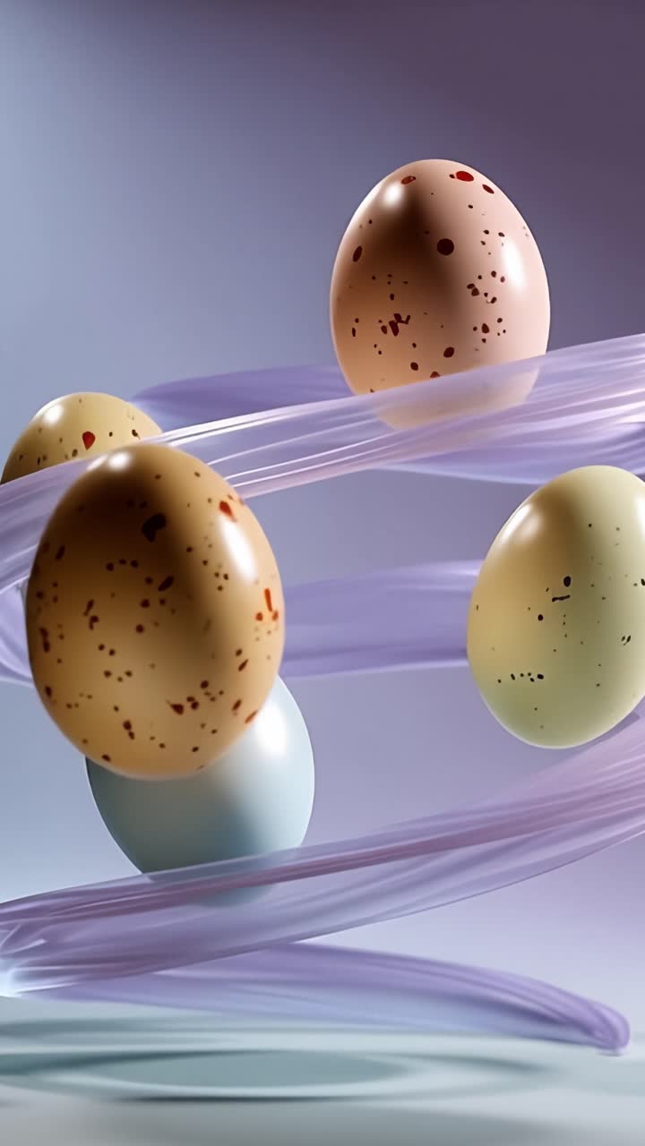 Colorful Decorative Eggs in Motion Surrounded by Soft Purple Swirls Creating a Festive and Whimsical Atmosphere for Spring Celebrations and Easter Themes