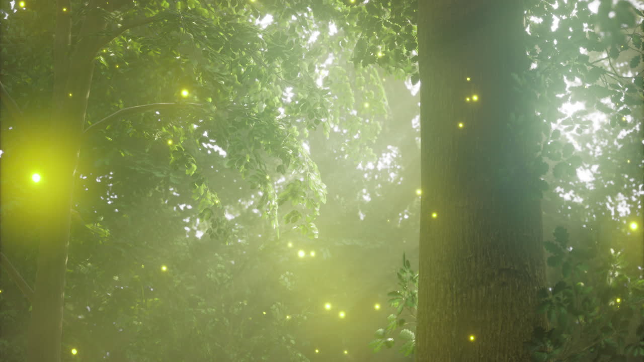 Dappled sunlight filters through trees creating a magical forest atmosphere