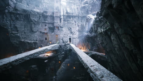 mysterious underground cave with stone bridges and glowing openings