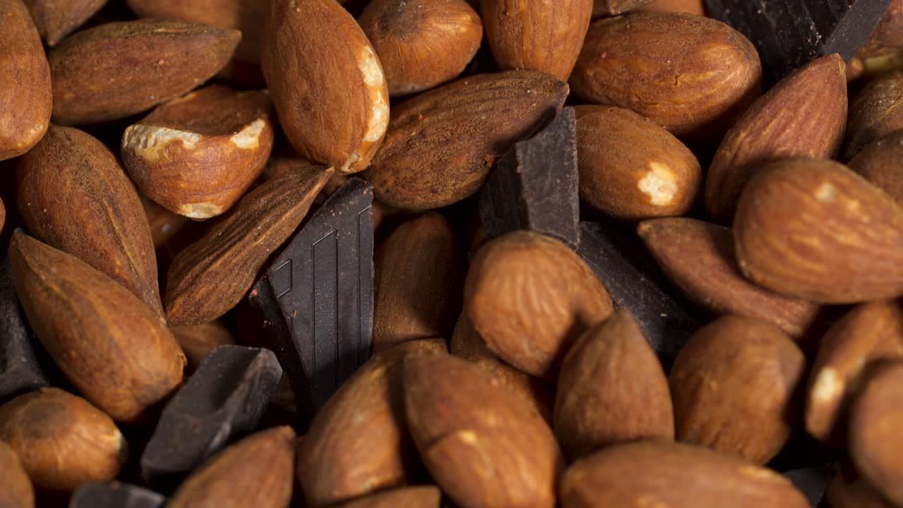 Closeup, Almonds And Dark Chocolate, Healthy Nutritious Food Diet