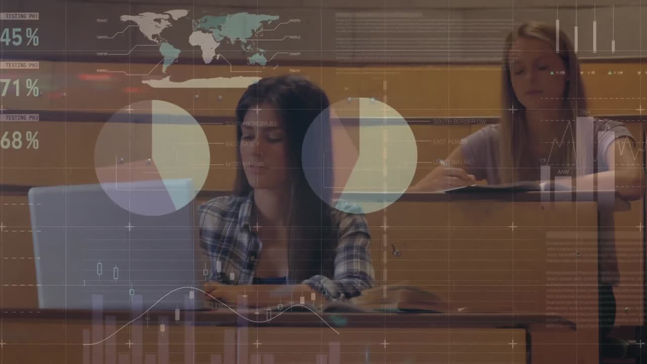 estudiantes tomando notas rodeados de animación de datos financieros