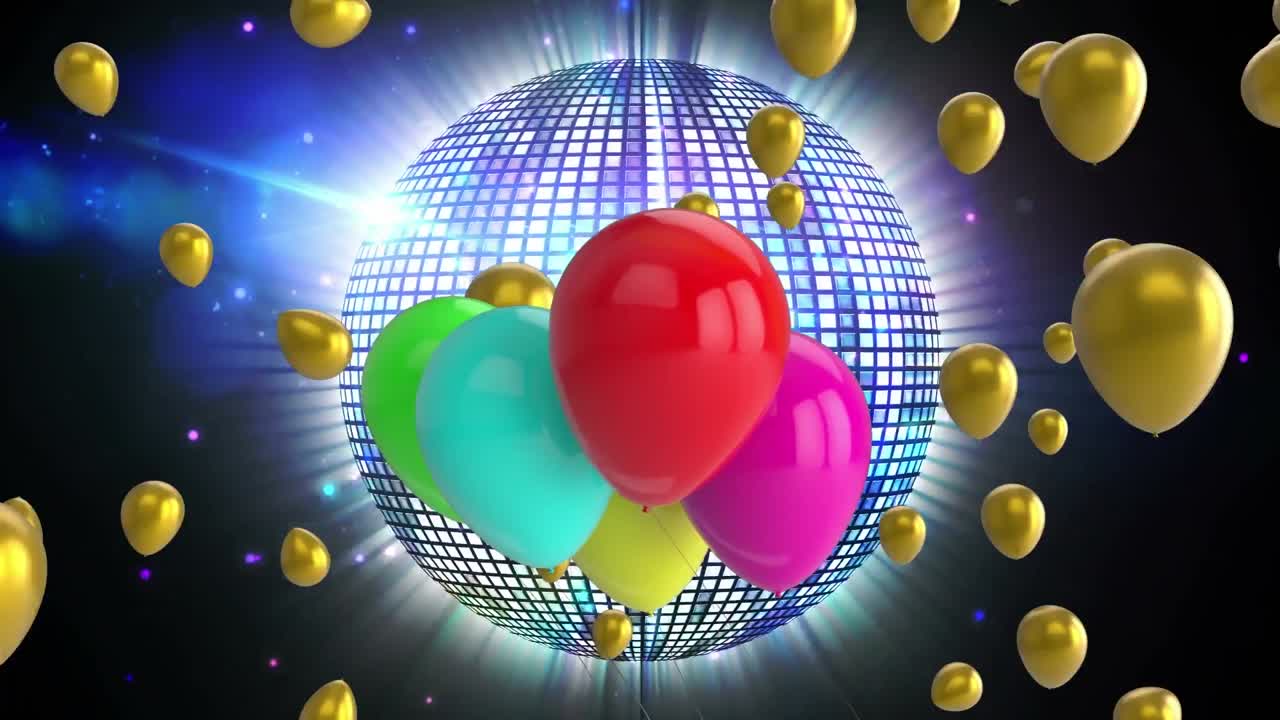 animación de globos flotando sobre una bola de espejo giratoria