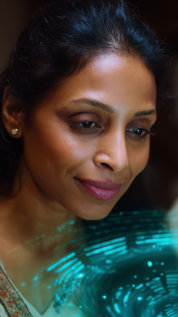 A Captivating Moment of Reflection: A Woman Engaged in Deep Thought as She Interacts With Enchanting Visual Patterns of Light and Color Around Her
