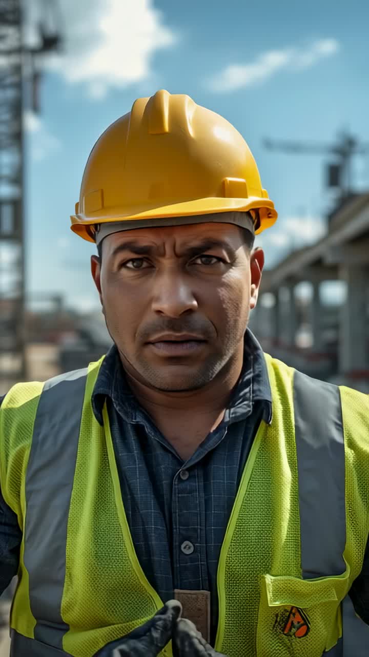 Vertical video: Reacting to camera cue builder checking plan on site, refocusing gaze with hard hat