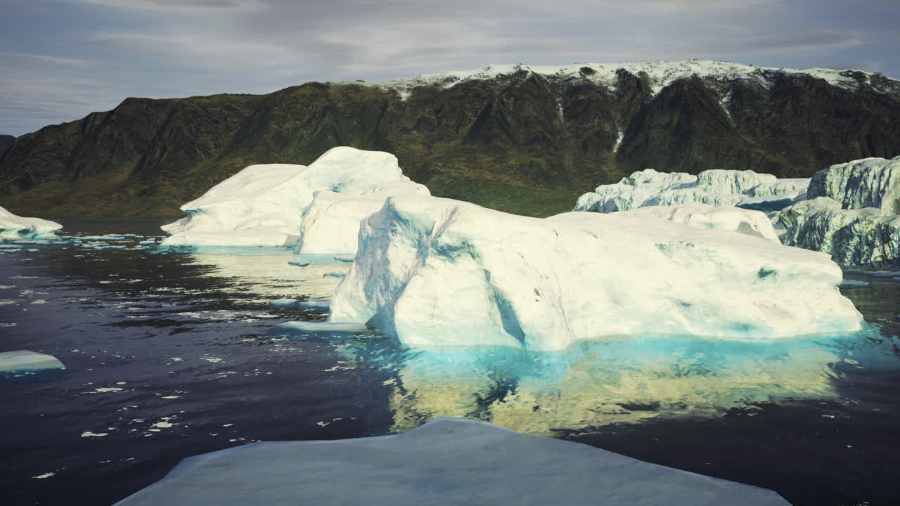 Icebergs floating in tranquil waters under a cloudy sky in greenland