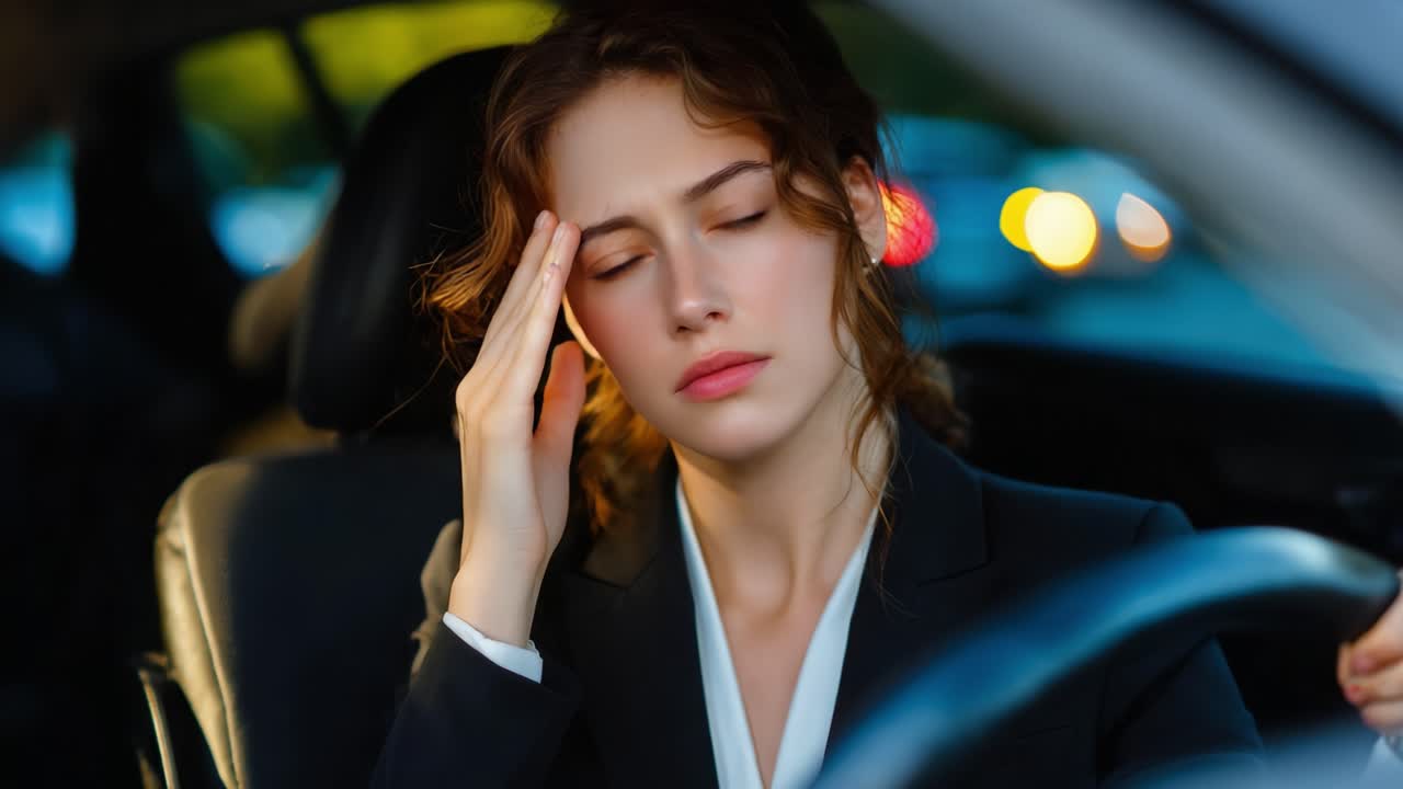 A young woman sitting in a car experiences frustration and stress as she navigates a challenging situation, her hands on her head and a distant look in her eyes amidst the backdrop of moving lights
