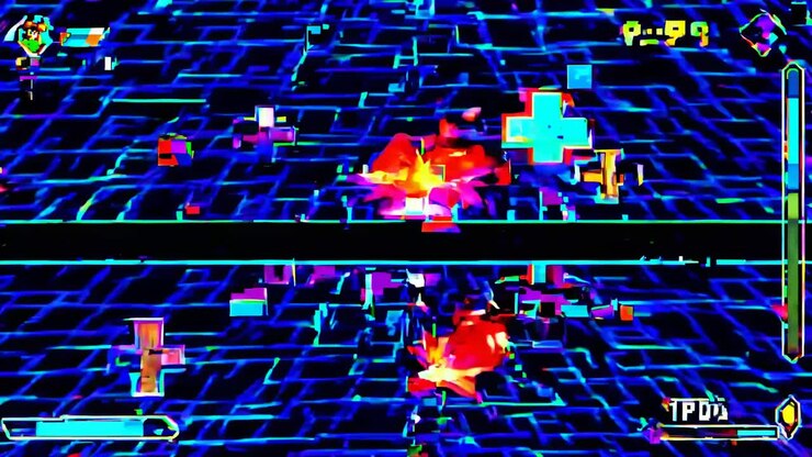 Ein dynamischer, fehlerhafter Bildschirm eines Videospiels mit einem Top-Down-Winkel, der Pixelgrafiken und lebendige
