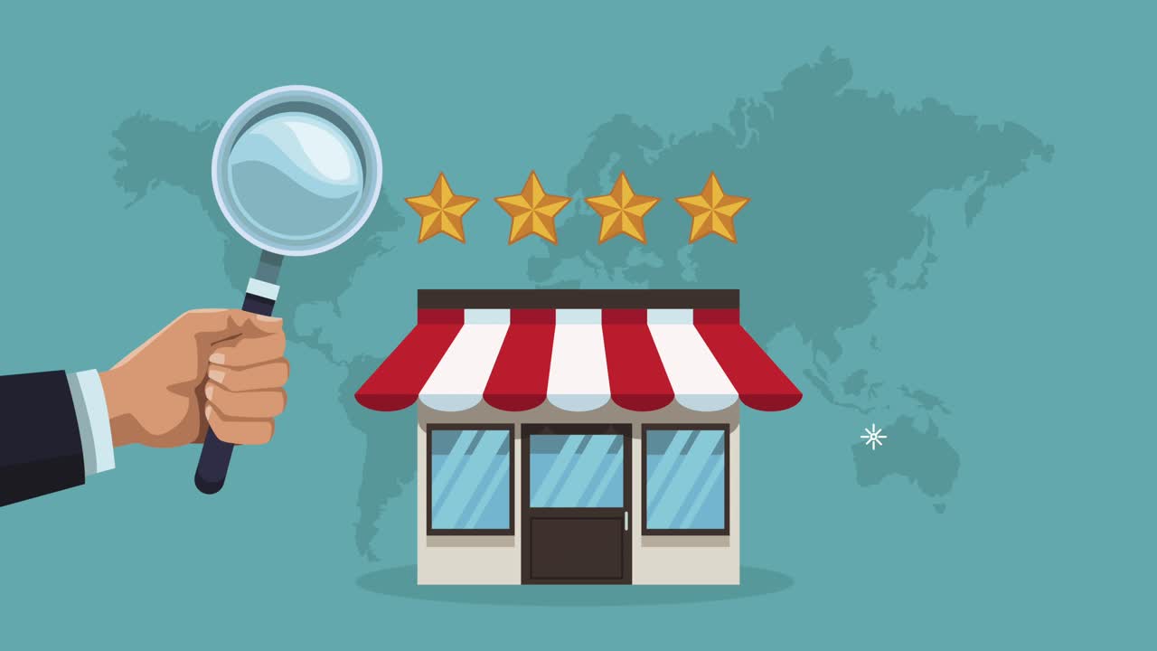 fachada del edificio de la tienda con animación del planeta