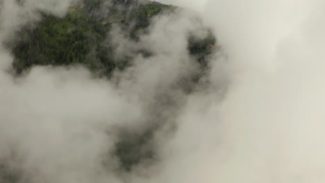 Aerial-shot-through-dense-clouds-looking-towards-tree-filed-mountain-side