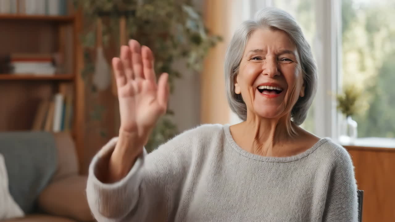 Donna anziana felice che saluta e ride durante una videochiamata