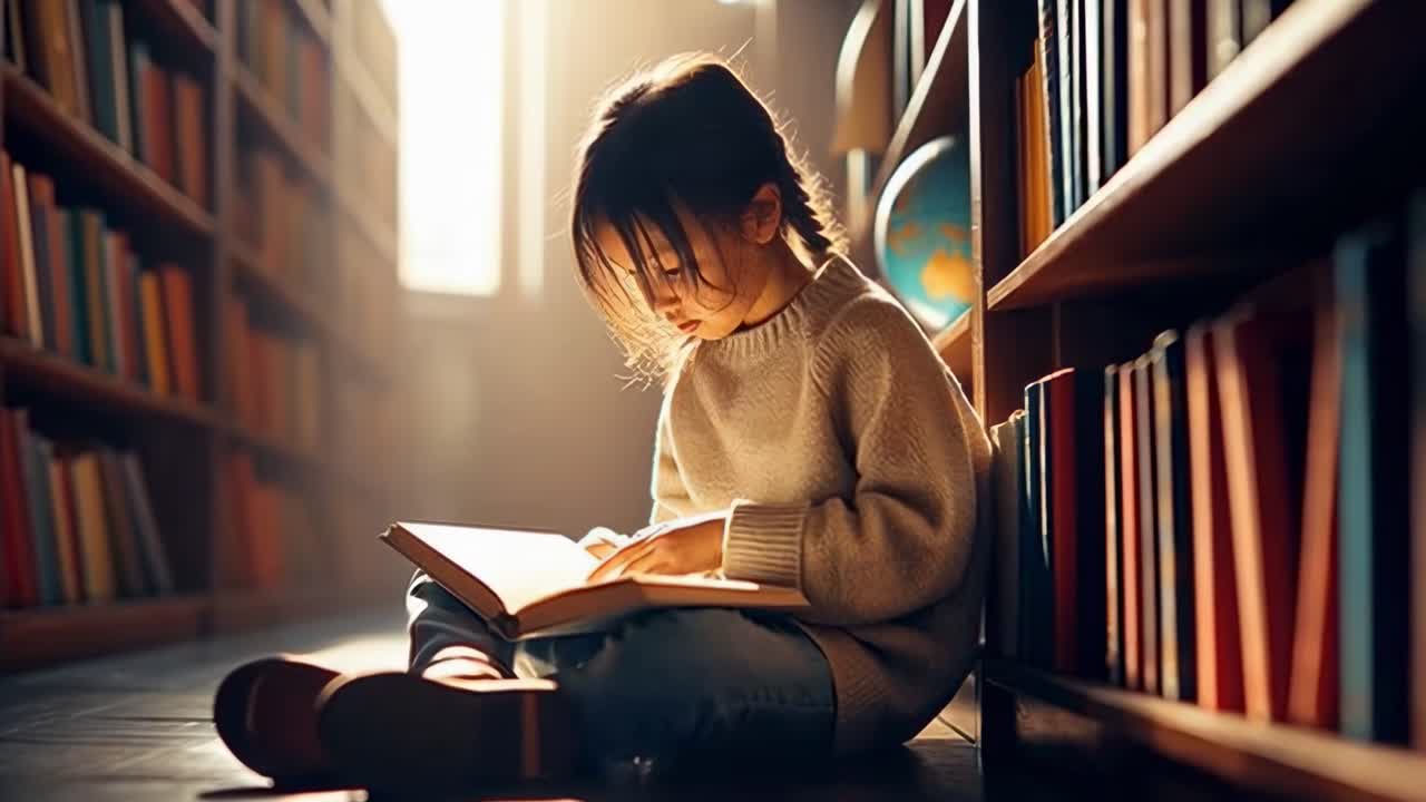 Warmes Video aus der Froschperspektive eines lesenden Kindes in einer sonnenbeschienenen Bibliothek, das eine gemütliche Atmosphäre schafft.