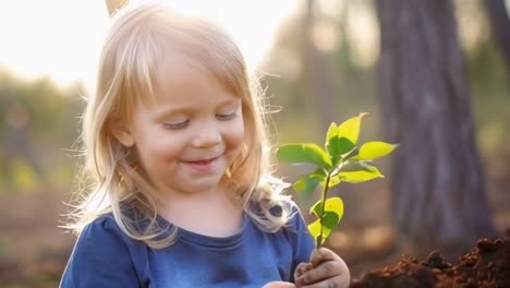 a blonde cheerful child carefully plants a young tree sapling, their face glowing with happiness.