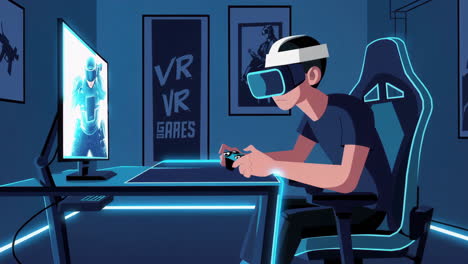 young man playing vr video games in a dark room with neon lights