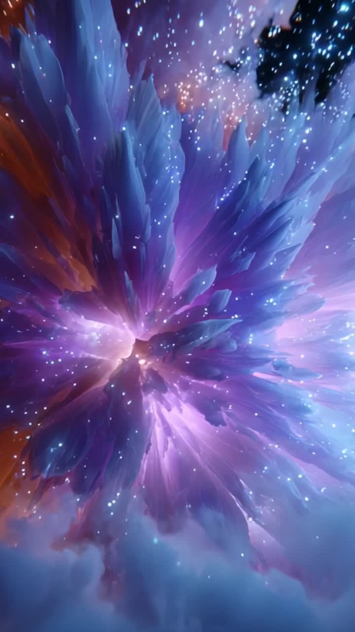 A Spectacular Cosmic Explosion: Vivid Colors and Dynamic Patterns Emanate from an Interstellar Scene, Illuminated by Ethereal Lights Against a Dramatic Background of Deep Purples and Blues