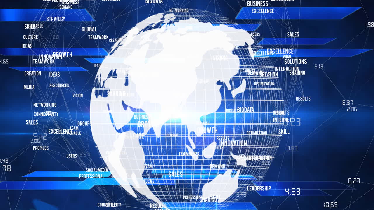 파란색 배경에 전 세계에 비즈니스 텍스트의 애니메이션