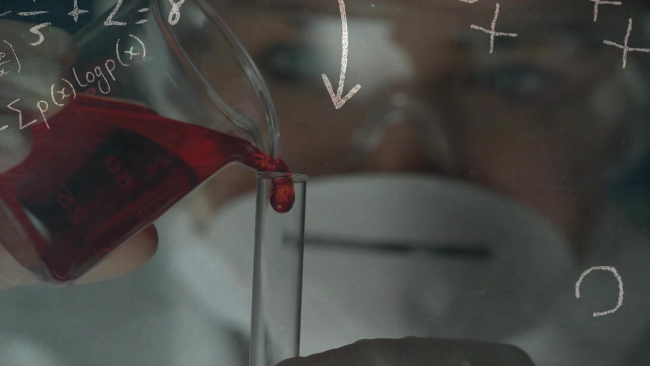 Woman researcher tilting pitcher pouring red reagent into tube chalk overlays pointing at droplet