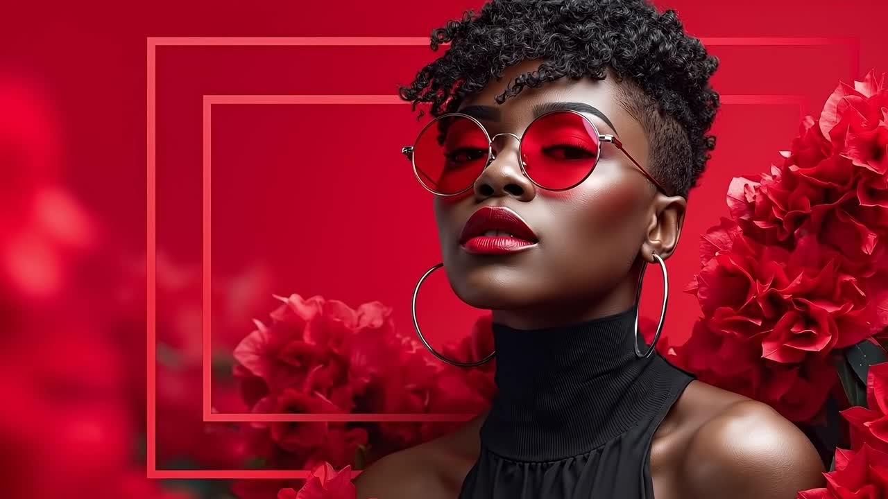 A woman wearing red sunglasses and a black top with red flowers