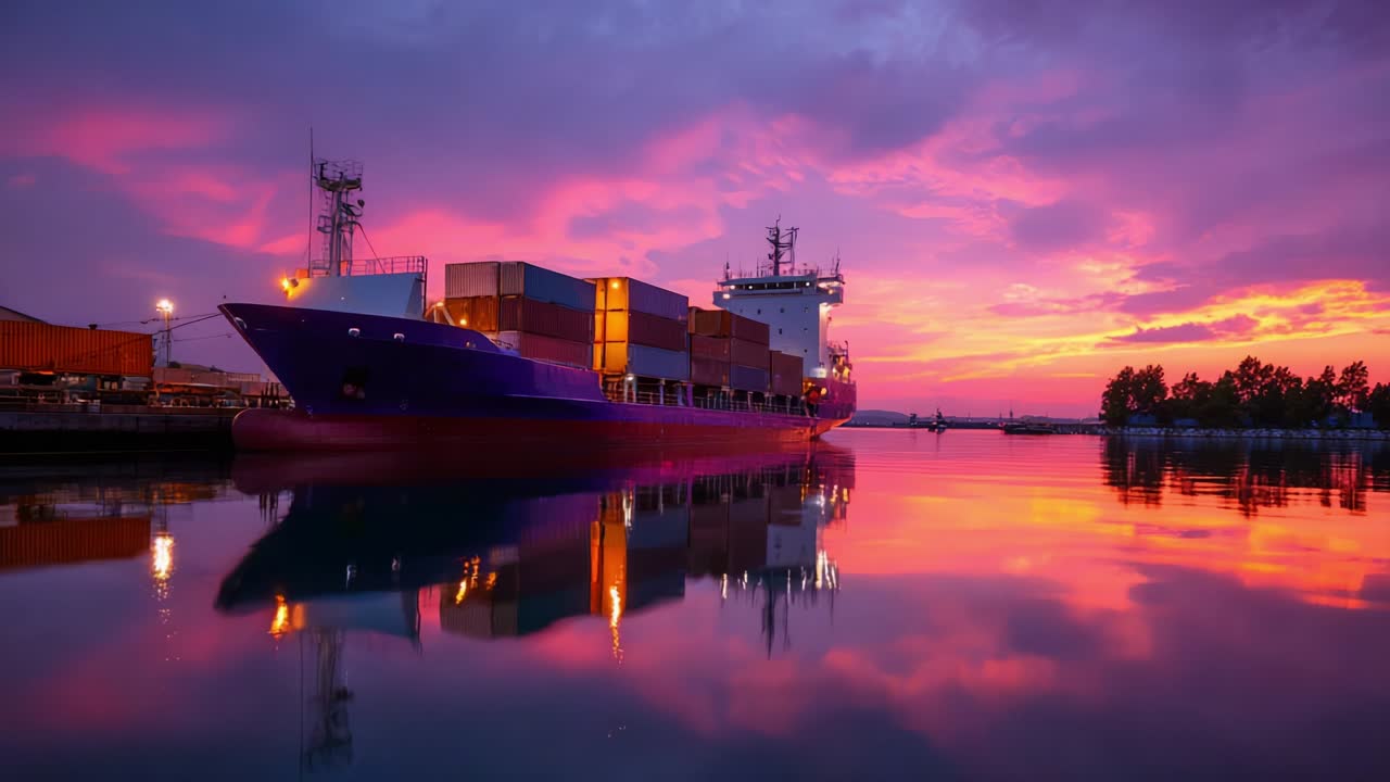Container ship at sunset