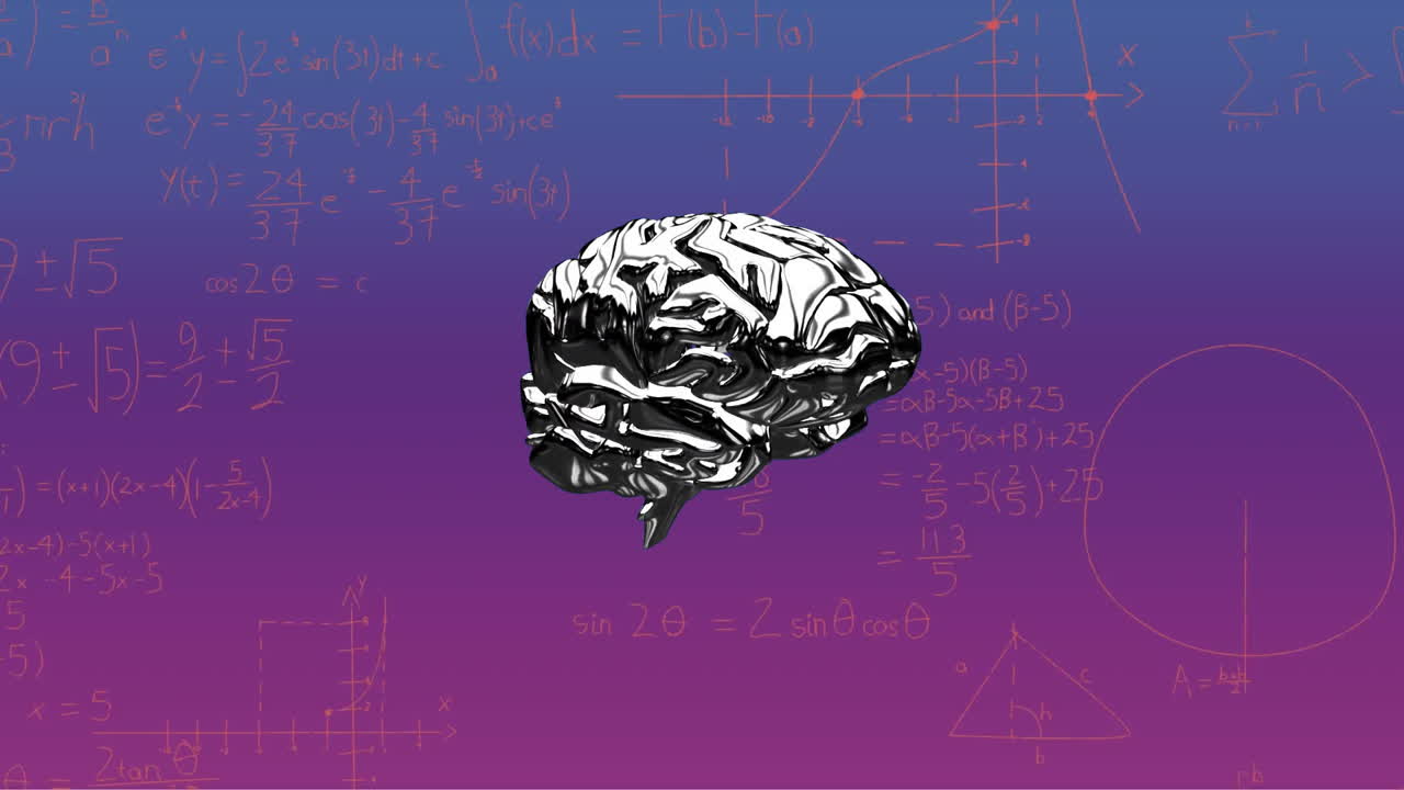 Animation of glowing human brain and mathematical data processing