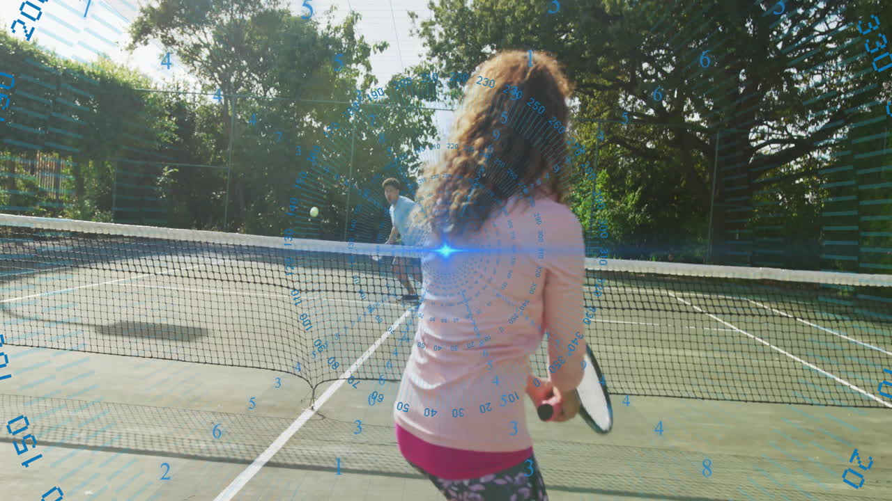 woman gripping racket preparing return shot on tennis court, with animated fitness chart overlay