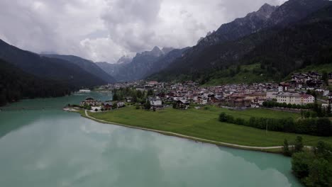 Aerial toward Auronzo di Cadore village within the Dolomites, Italy