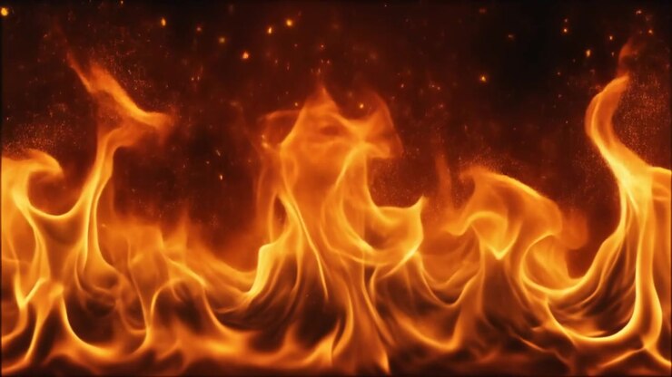 Llamas intensas ardiendo con brasas ascendentes sobre fondo negro