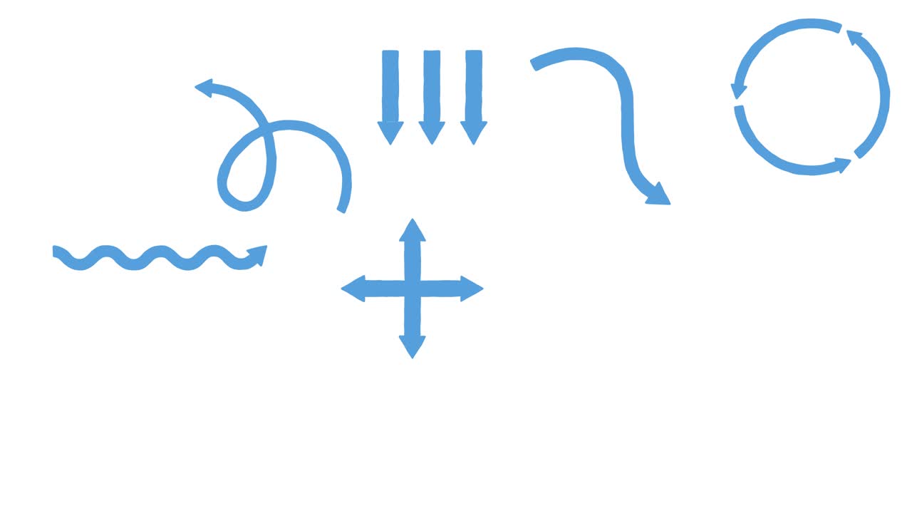 Animated blue arrows in various shapes and motions, smooth transitions, minimal style, white background