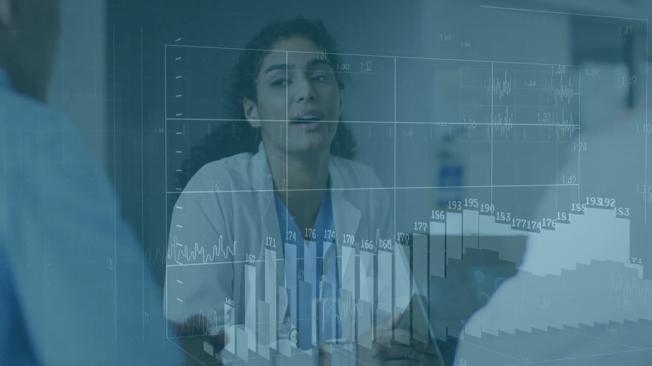 Medical professional discussing over financial data charts and graphs animation