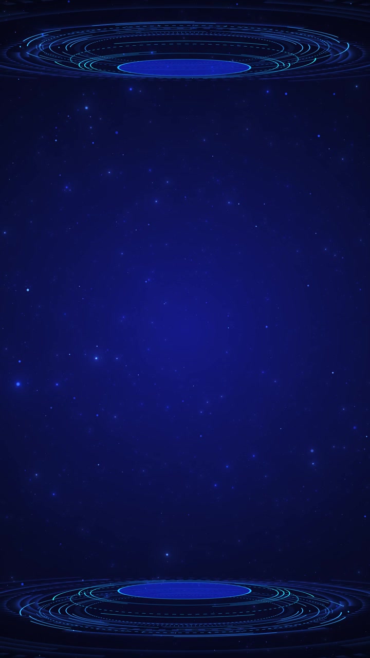Futuristic blue teleport stage background with glowing ring platforms cosmic particles and advanced