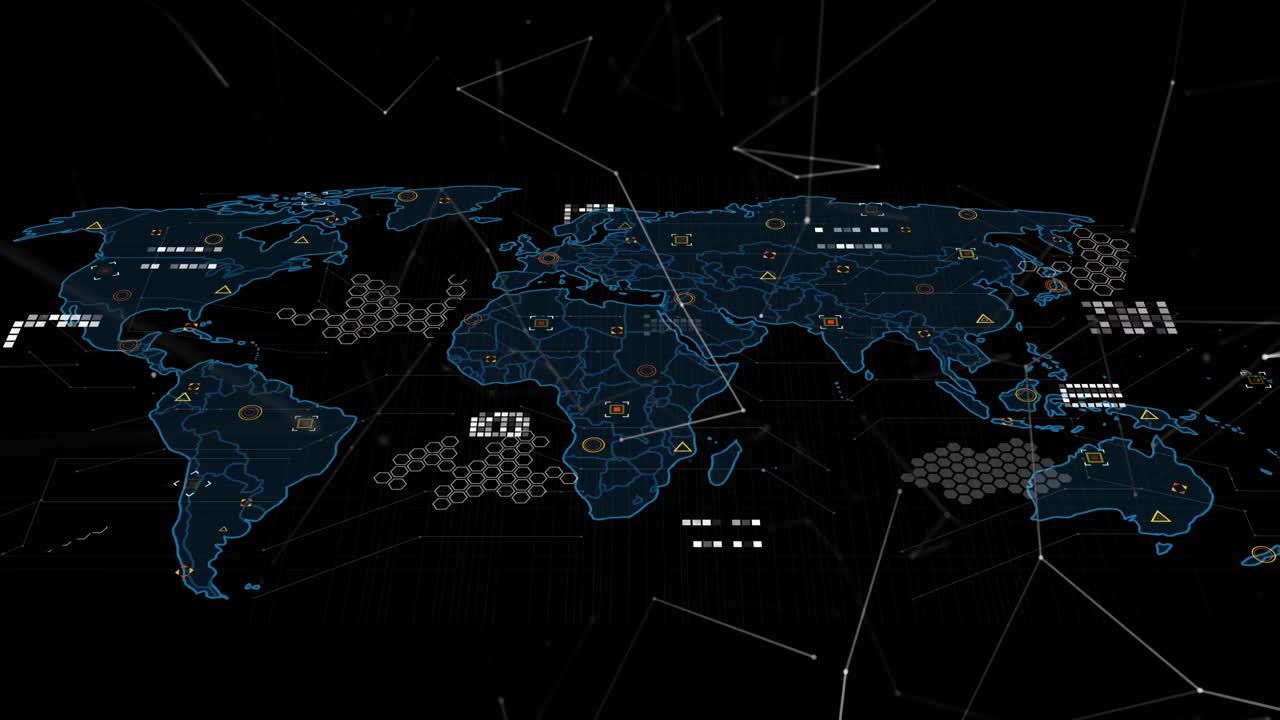 Animation of network of connections over world map on black background