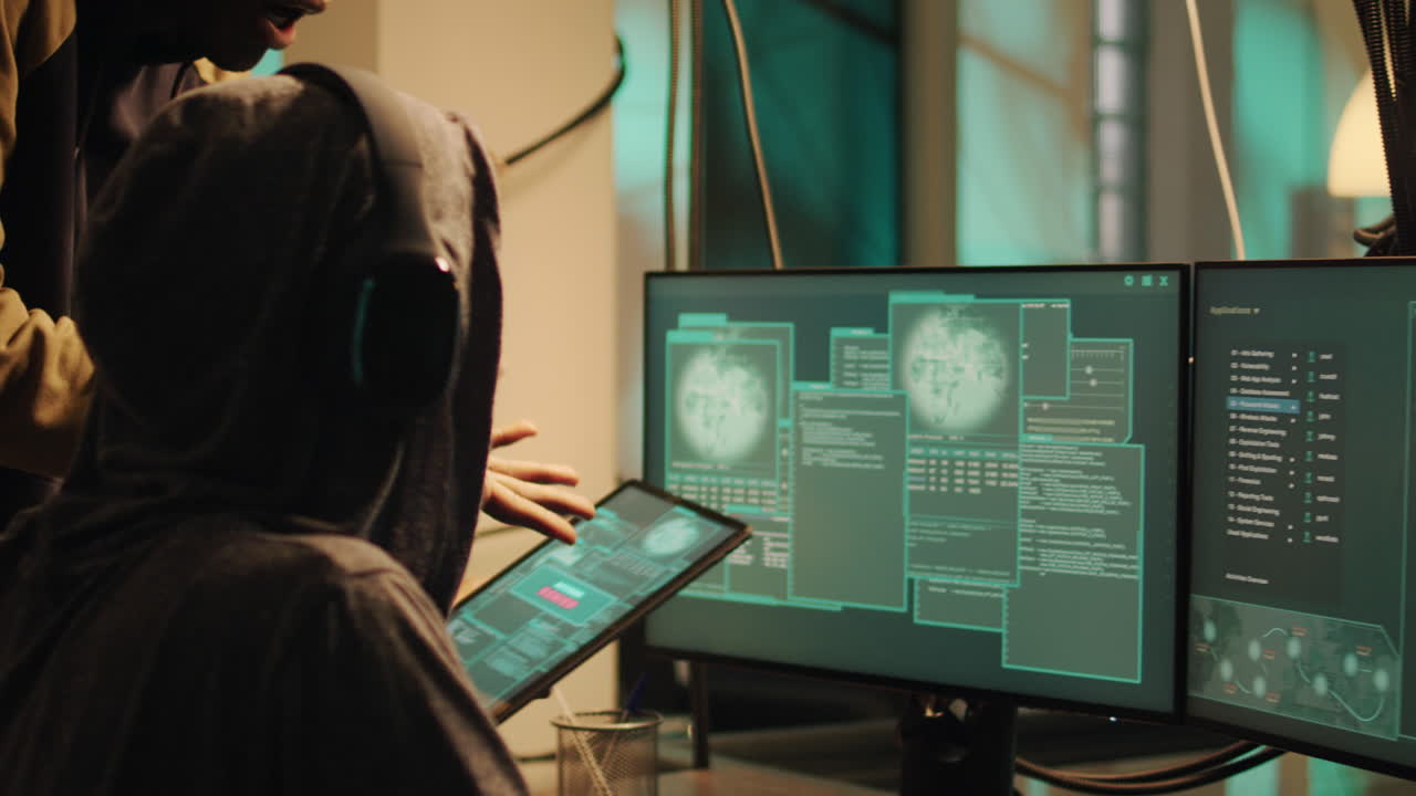 Hackers in a dark room using computers and tablets for cybersecurity