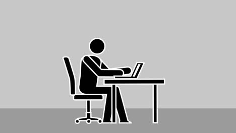 cartoon stick figure male character work from laptop workplace loop animation isolated with luma matte