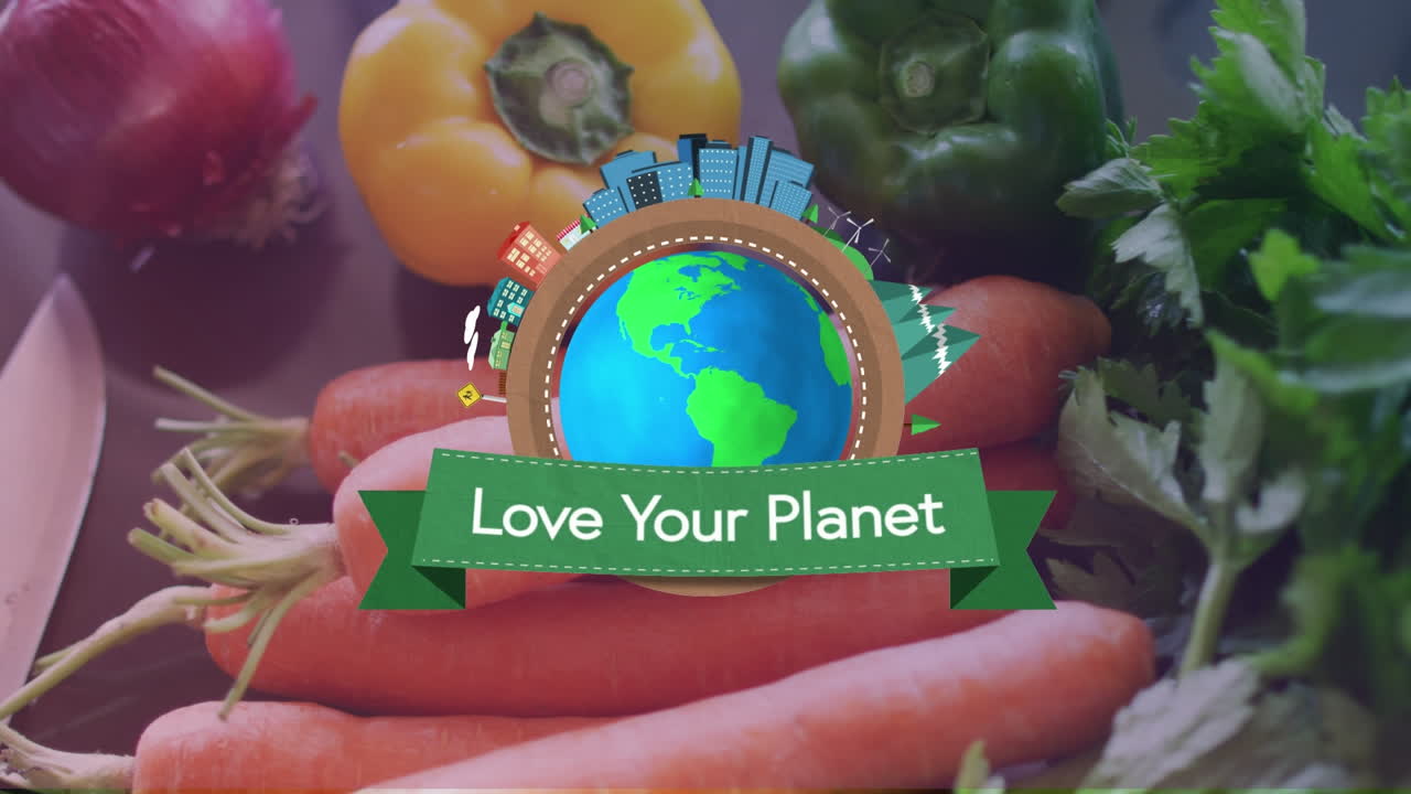 Animatie van de tekst 'houd van je planeet' op een groene banner met de planeet aarde boven groenten