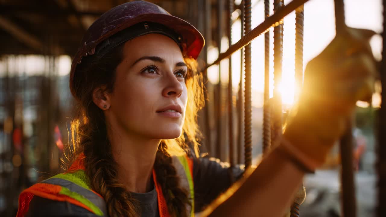 En engageret bygningsarbejder med hat og sikkerhedsudstyr fokuserer intenst på sit arbejde ved solnedgang, hvilket symboliserer engagement, styrke og ånden af vedholdenhed i byggebranchen.