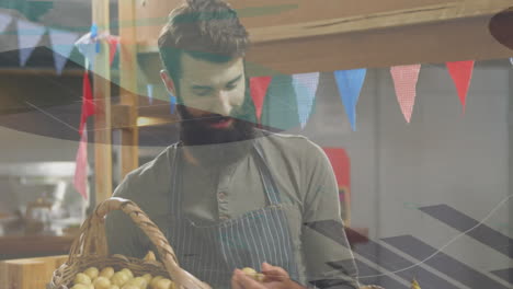 holding basket of potatoes, man examining one over abstract shapes animation