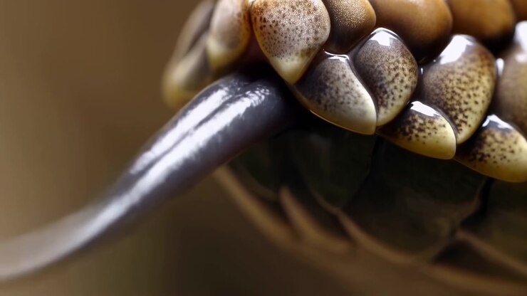 Close Up Snake Tongue Flicking Scales, Glossy Black Tongue Emerging From Dark Mouth, Yellow Brown Speckled