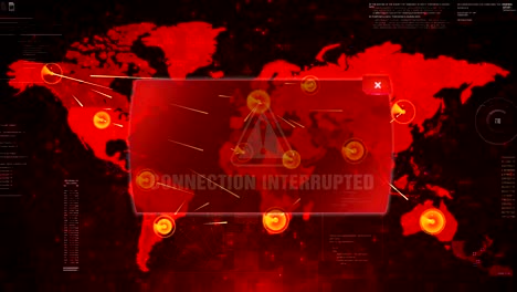 connection interrupted alert warning attack on screen world map loop motion.