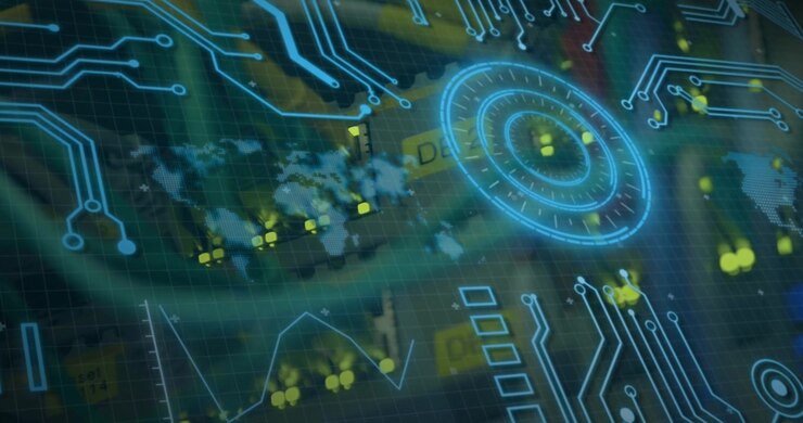 Digital Data Network Overlay on Server Rack Background