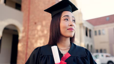 happy woman, student and thinking in graduation