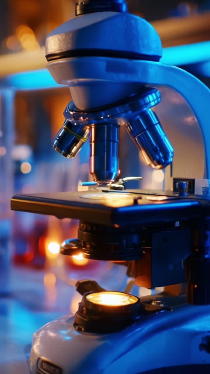 Detailed Overview of a Modern Laboratory Microscope with Advanced Lens System Under Evening Lights, Featuring Atmospheric Blue and Warm Lighting