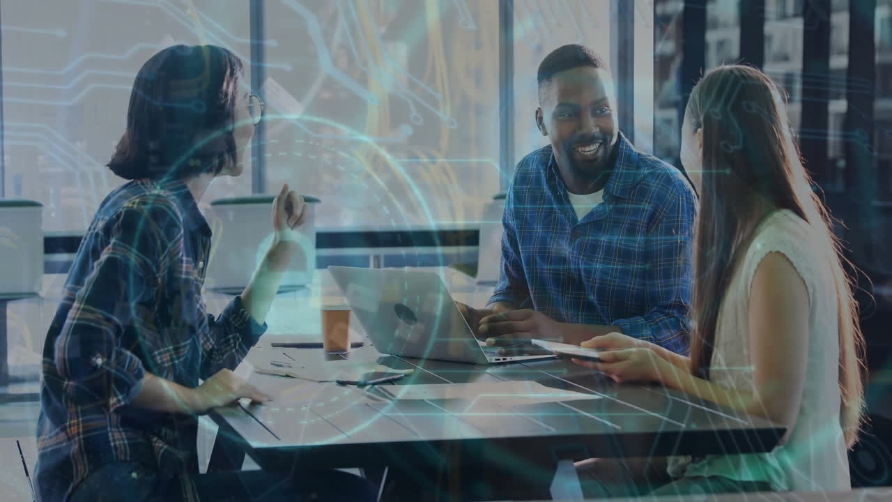 Animation of server room and padlock over diverse business people discussing work in office