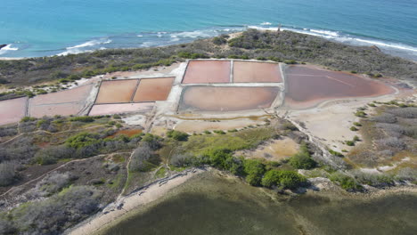 Toma-Aérea-Hacia-Atrás-Del-área-De-Extracción-De-Sal-Cerca-Del-Mar-Caribe-En-San-Fernando-De-Monte-Cristi,-República-Dominicana