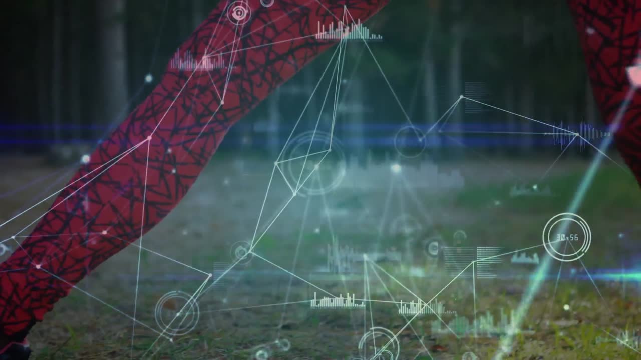 animación de la red de conexiones sobre el ejercicio de estiramiento de la mujer en el bosque